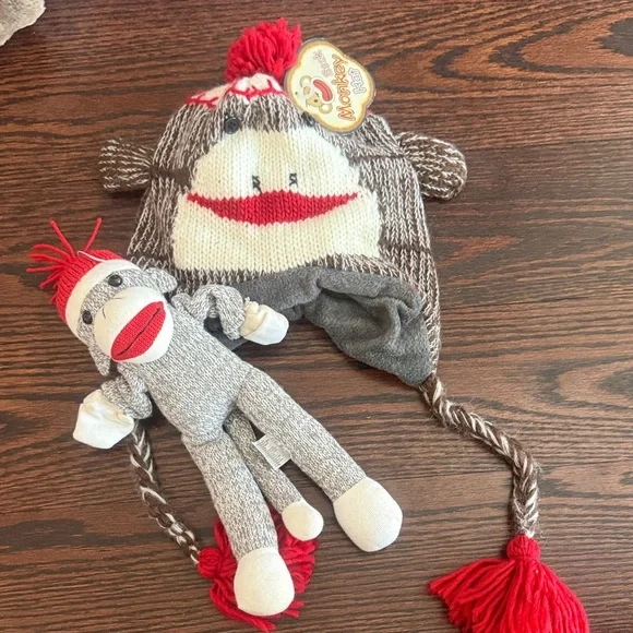 Cozy Monkey Hat and Plush Toy Set - Red and Gray - Picture 1 of 1